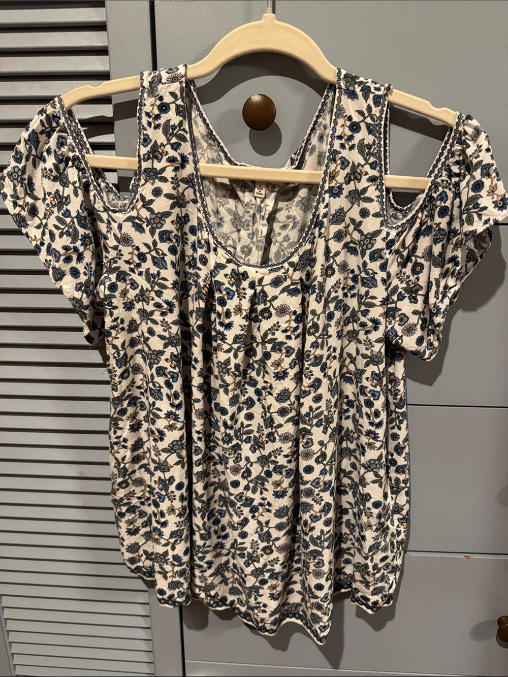 Max Studio Peek A Boo Shoulder Blouse with Blue Floral Motif